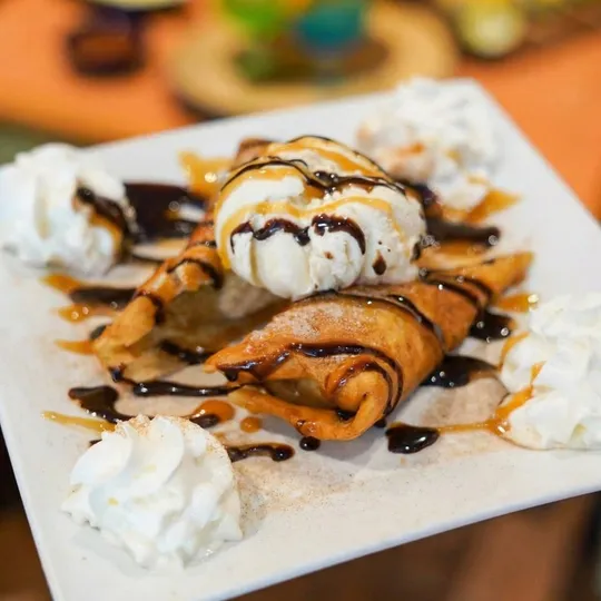 Chimichanga dessert with ice cream and chocolate drizzle at Ixtapa, Lunenburg MA