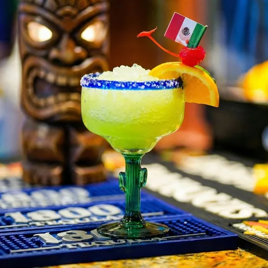Frozen green margarita in cactus glass at Ixtapa Mexican Restaurant, Lunenburg MA