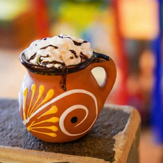 Mexican hot chocolate in hand-painted clay mug at Ixtapa, Lunenburg MA