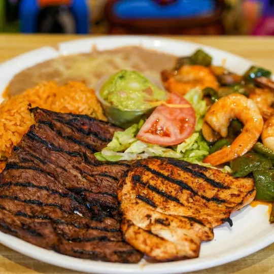 Mixed grill combo plate with steak, chicken, and shrimp at Ixtapa, Lunenburg MA