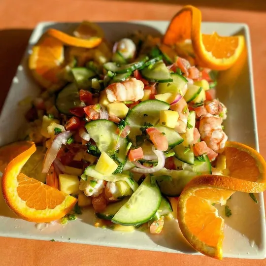 Fresh shrimp ceviche with cucumber and orange at Ixtapa, Lunenburg MA