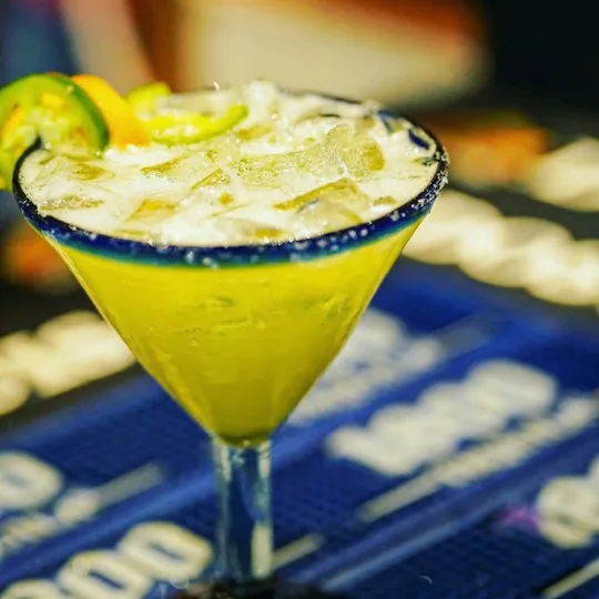 Spicy jalapeno margarita in martini glass at Ixtapa Cantina, Lunenburg MA